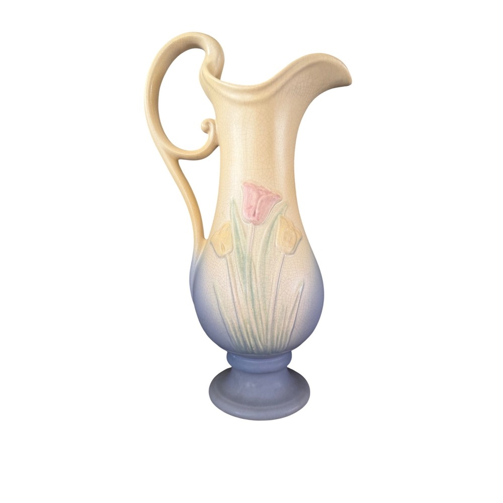 Hull USA Pottery Sunray Tulip Pitcher 101-L Vintage Art Deco Blue Yellow Cream